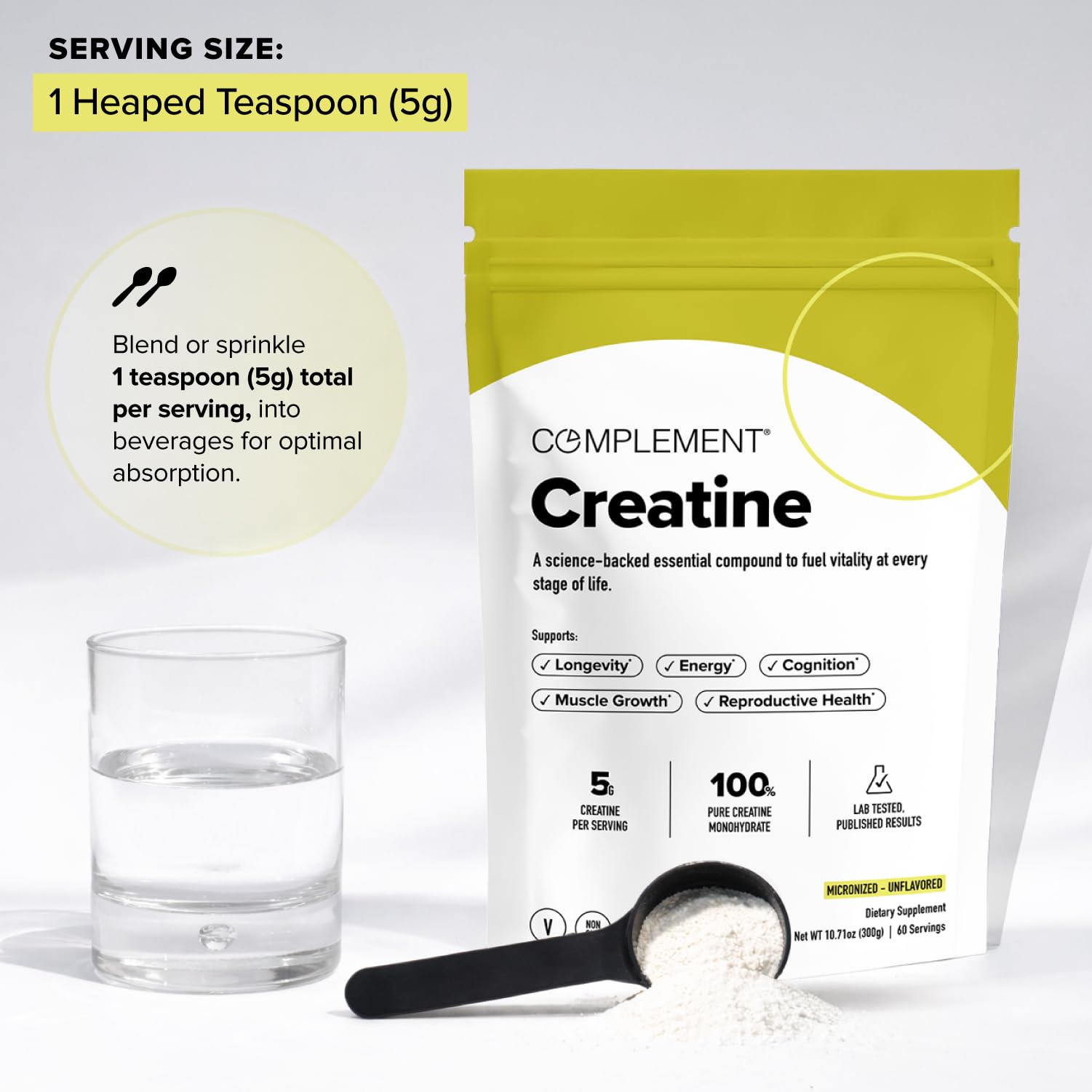 Complement Creatine Monohydrate Micronized Powder for Women and Men (5g, 60 Servings) Pre Workout, Post Workout, Muscle Recovery, Brain Health, Longevity- Vegan, Unflavored ComplementAu supplements