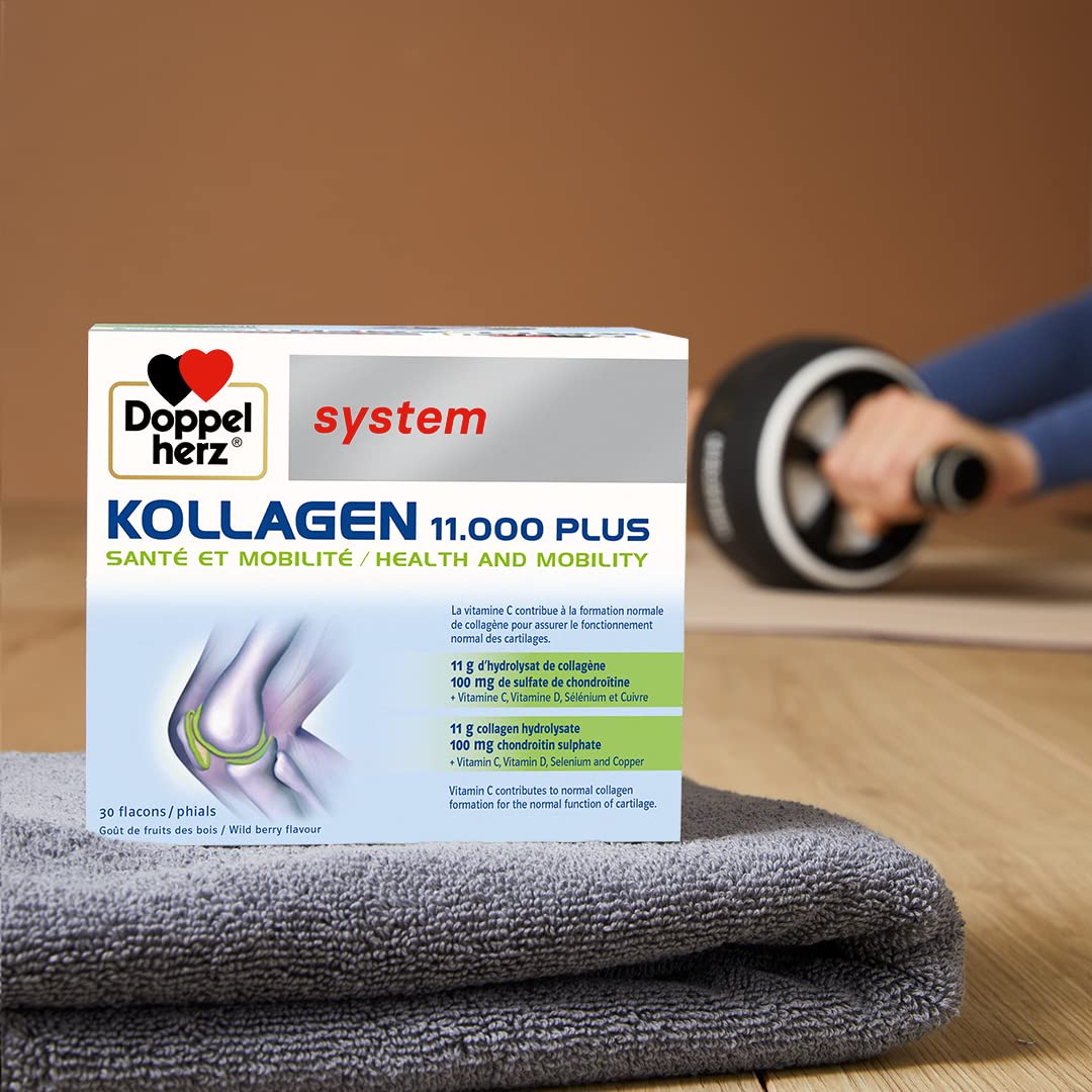 Doppelherz - Kollagen 11000 Plus - Collagen hydrolysate, chondroitin Sulphate, Vitamins C and D and Trace Elements - for Bones, cartilages and tendons - Wild Berry Flavour Liquid- 30 Bottles of 25ml DoppelherzUS supplements