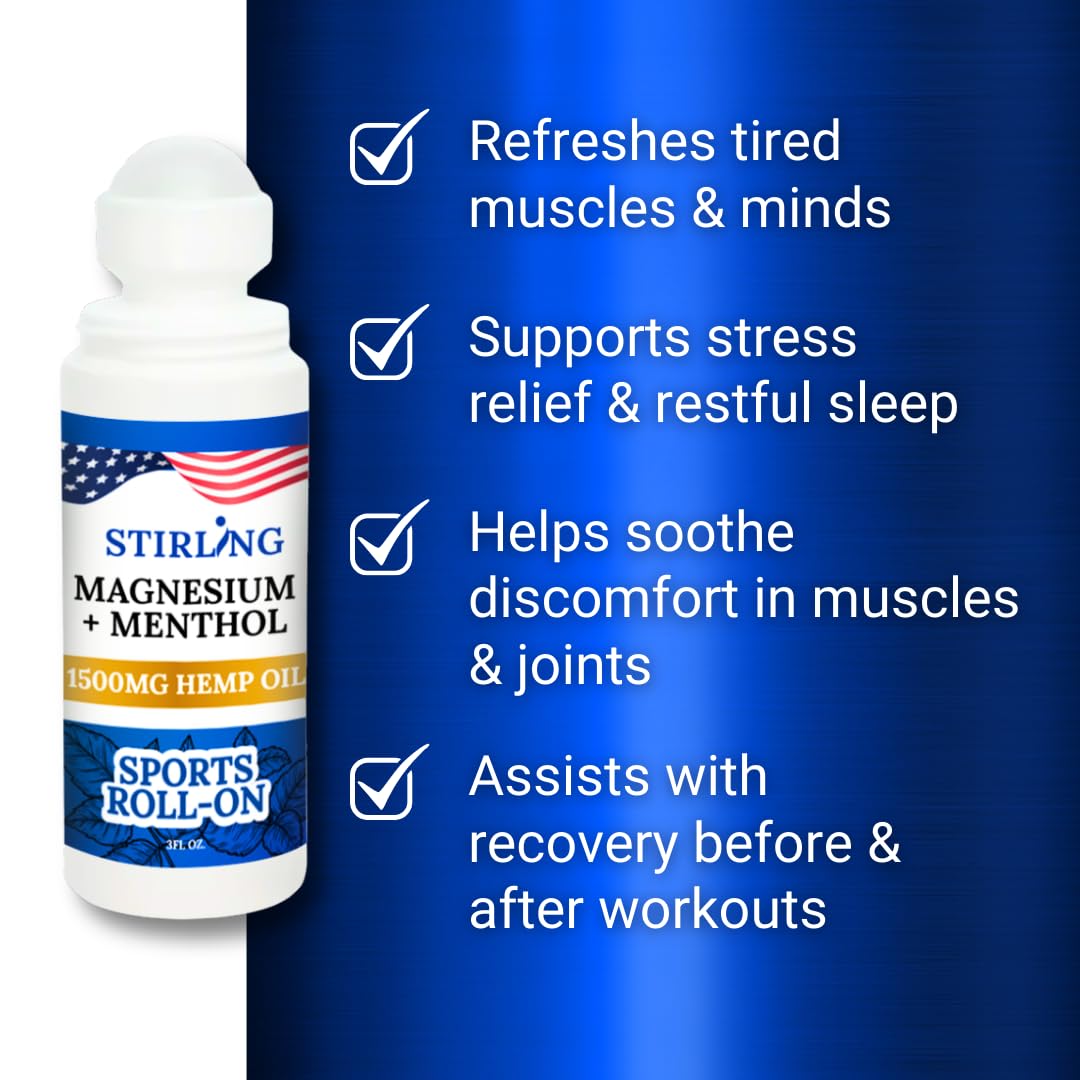 Stirling Menthol Roll On Lotion with Magnesium and 1500mg Pure Hemp - Non-GMO, THC-Free - Fast-Acting Relief for Sore Muscles and Joints, Reduces Swelling and Redness, Promotes Post-Workout Recovery STIRLINGAu supplements