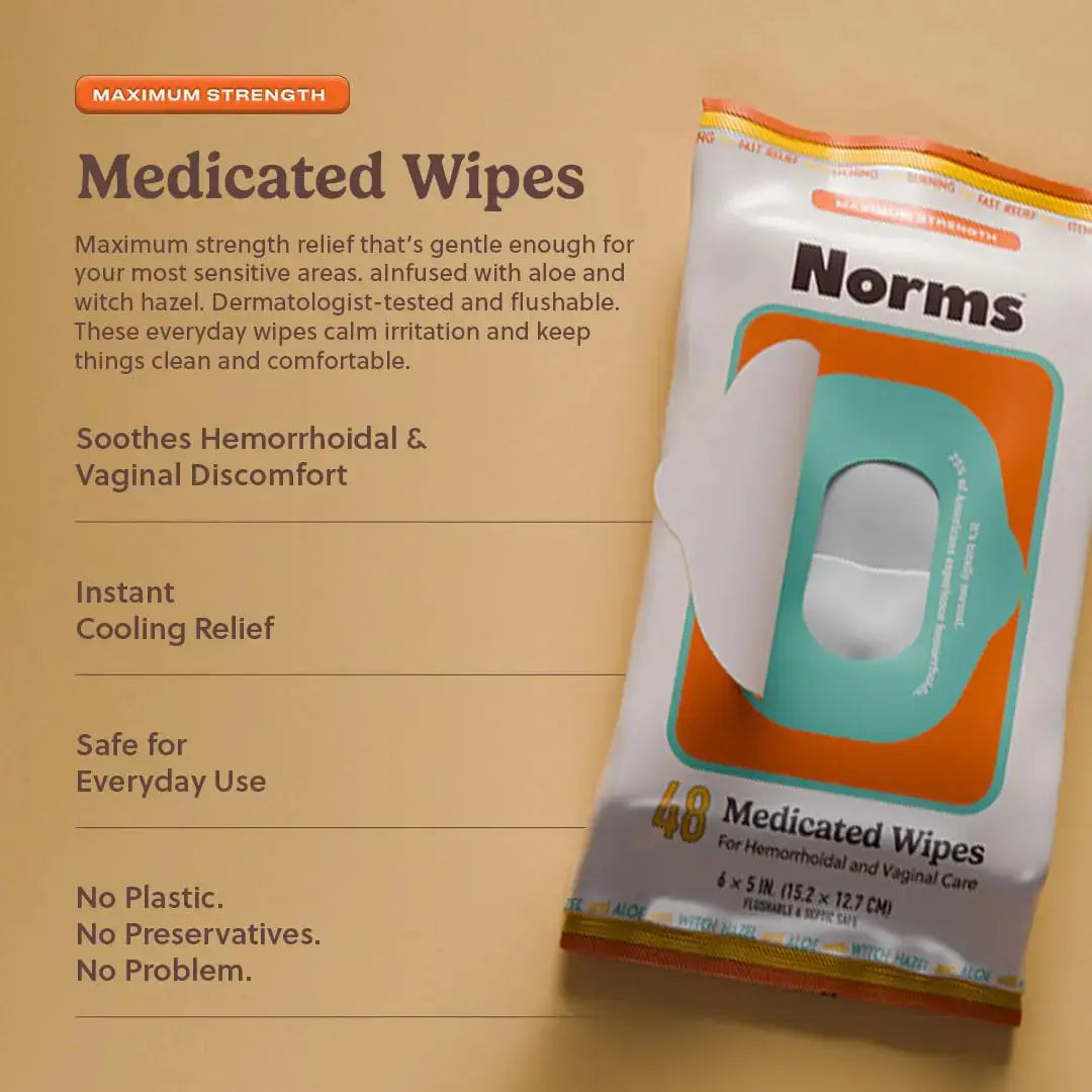 Norms Medicated Hemorrhoid Wipes with Witch Hazel and Aloe, Soothing Flushable Wipes for Itching, Burning & Swelling Relief, Hypoallergenic & Fragrance Free - 48ct (Pack of 3) NormsAu supplements