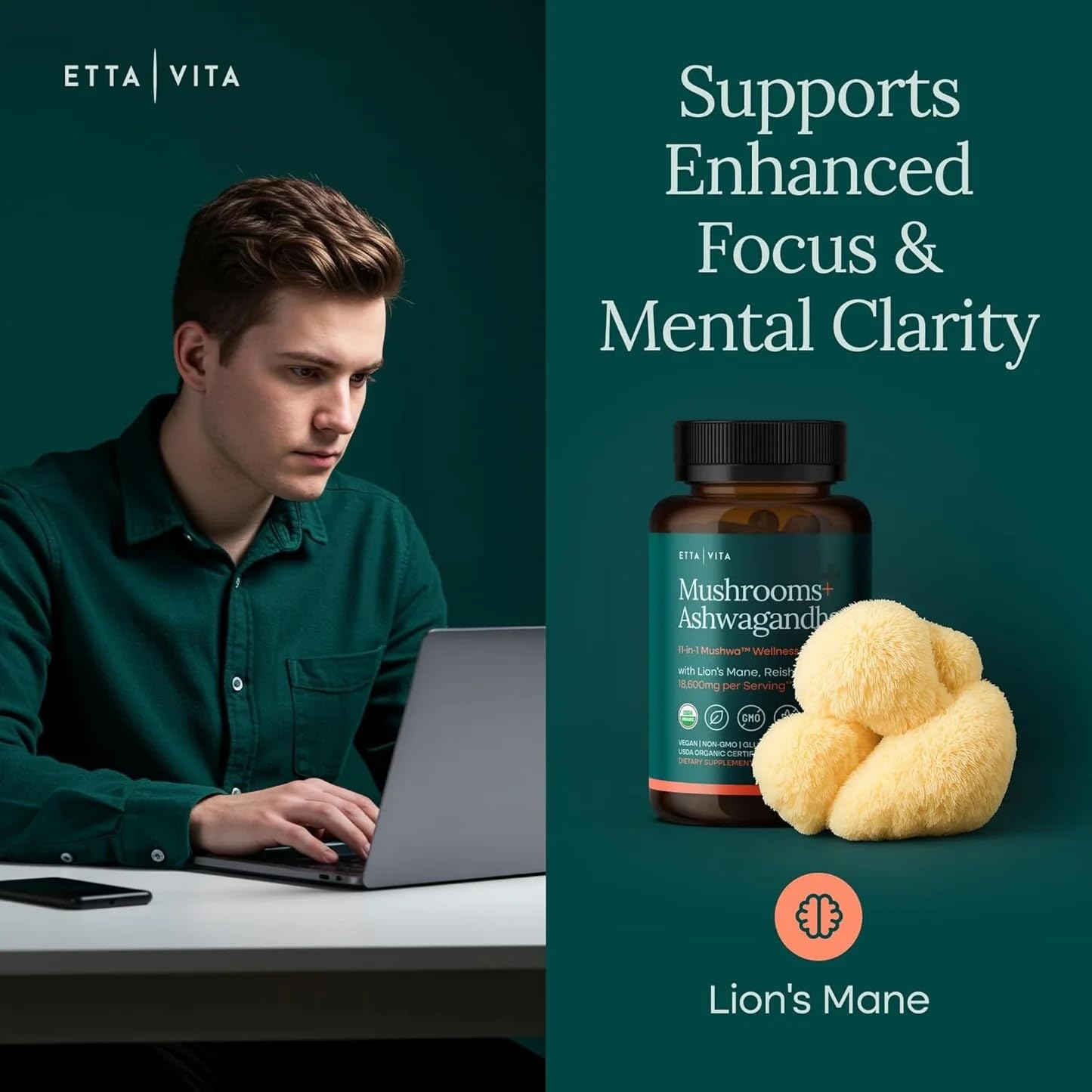 USDA Organic Lions Mane Supplement Capsules with Ashwagandha, Chaga, Reishi, Cordyceps, Turkey Tail (18,600mg/serv) 10x Adaptogenic Mushroom Complex as Focus Supplement - Energy, Immunity & Nootropic Etta VitaAu supplements