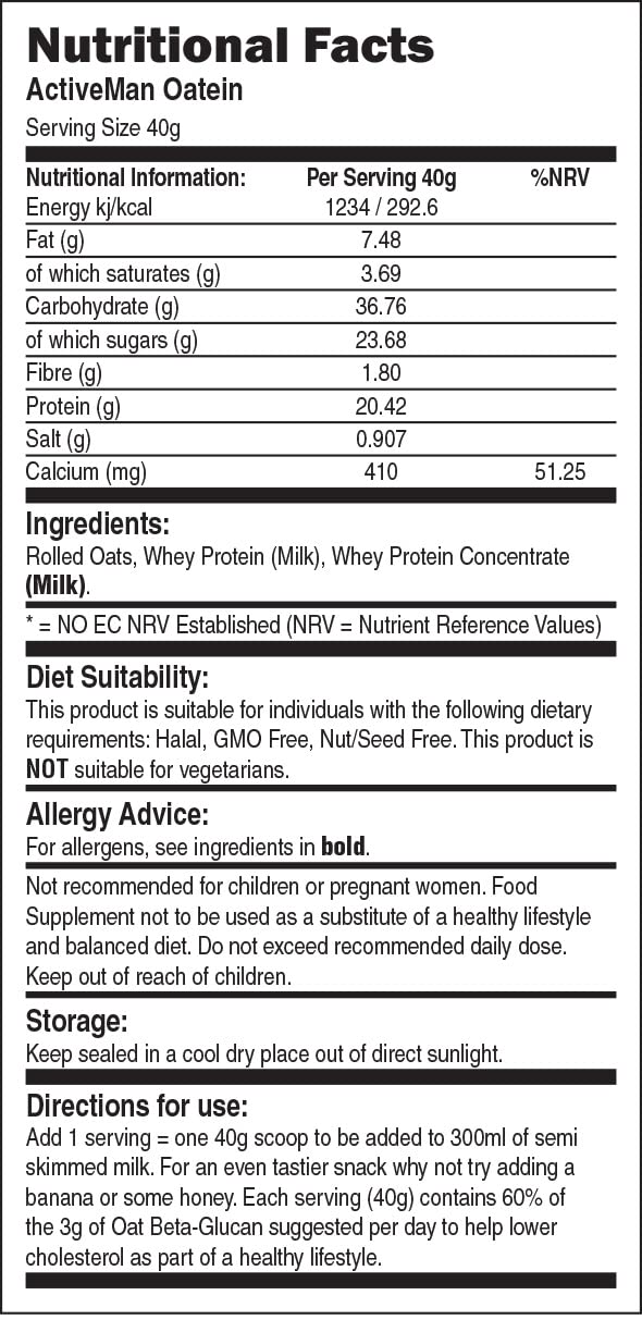 ActiVeman Oatein- 20g Protein per Serving- High in Fibre- Delicious On-The-Go Bio-SynergyAu supplements