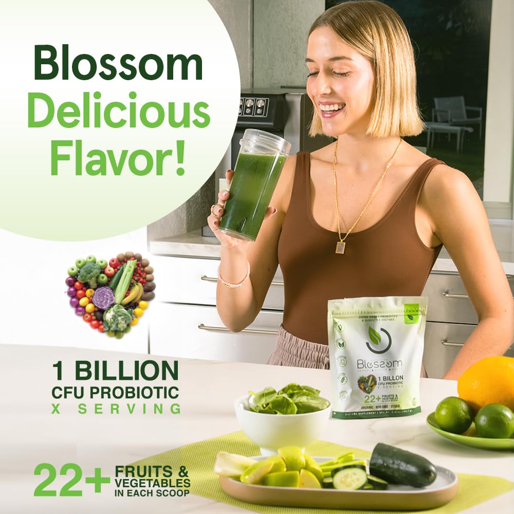 Blossom SuperGreens Probiotics – Digestive Enzymes with Pre/ProBiotics for Bloating Relief – 30+ SuperGreens & SuperReds to Boost Energy –Organic, Gluten-Free, No Fiber, 0g Sugar (Lemon Citrus) BRANIAAu supplements