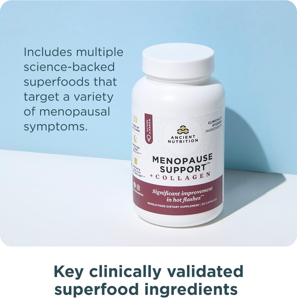 Ancient Nutrition Menopause Support + Collagen Supplement, Hydrolyzed Collagen Peptides, Key Clinically Validated Superfoods, Significant Improvement in Hot Flashes and Sleep Quality, 60 Capsules Ancient NutritionAu supplements