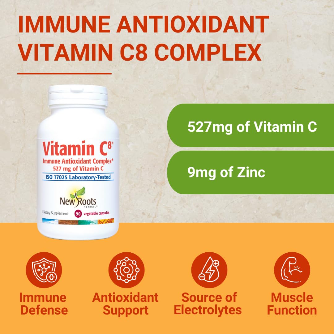 Vitamin C8 + Zinc Supplement for Higest Absorption (90 Capsules) | 527mg per Portion | 8 Buffered Sources of Vitamin C with Bioflavonoids, Green Tea & Quercetin for Stronger Defense | 3 months Supply NEW ROOTS HERBALAu supplements