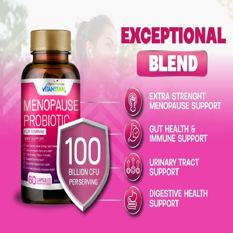 Menopause Support for Women – Hormone-Free Prebiotics & Probiotics 100 Billion CFU with Black Cohosh & Ashwagandha | Feminine Care, pH Balance, Vaginal Health, Hot Flashes, Night Sweats & Mood Swings VITAMISANAu supplements