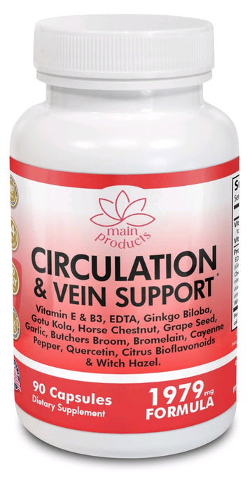 Circulation & Vein Support Supplement - Vitamins E & B3, Ginkgo Biloba, Horse Chestnut, Gotu Kola, Grape Seed, Butcher's Broom & Citrus Bioflavonoids - 1979 mg Formula - 90 Capsules - 30 Days Supply. Main ProductsAu supplements