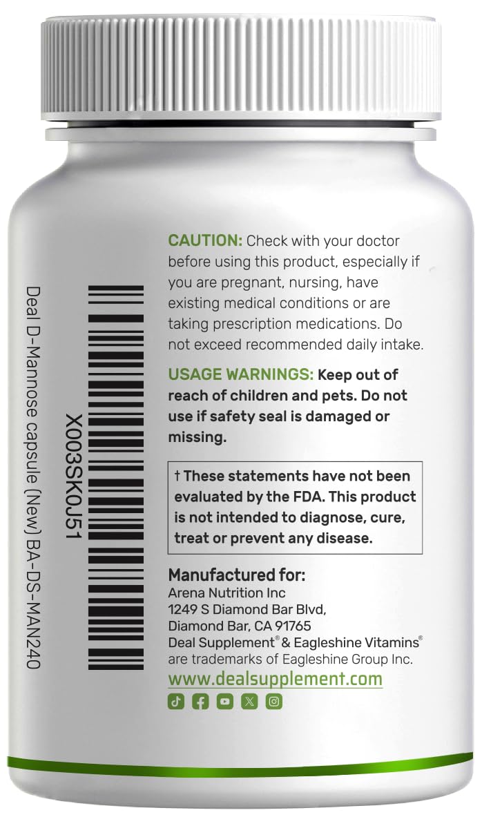 DEAL SUPPLEMENT D Mannose 500mg Capsules (2,000mg Per Serving), 240 Veggie Pills – Fast Acting Water-Soluble Form – Extra Strength Urinary Tract (UTI) Health Support – Non-GMO, Vegan Friendly DEAL SUPPLEMENTAu supplements