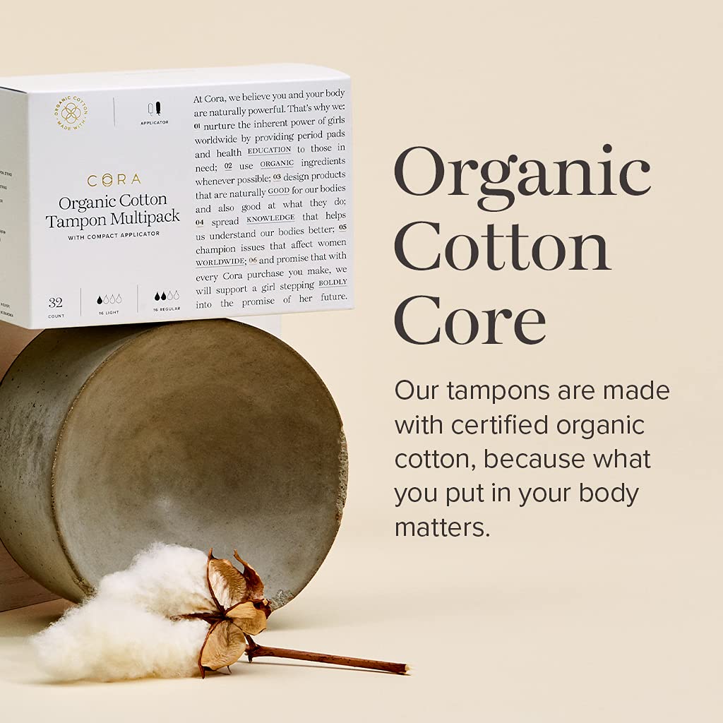 Cora Organic Applicator Tampons | Light Absorbency | 100% Cotton Core, Unscented, BPA-Free Compact CoraAu supplements