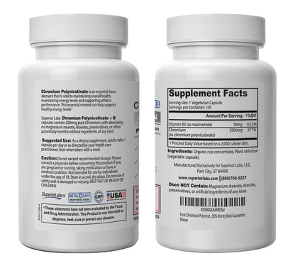 Pure Chromium Polynicotinate Supplement - Made in USA - 200mcg + Vitamin B3 for Optimal Superior LabsUS supplements