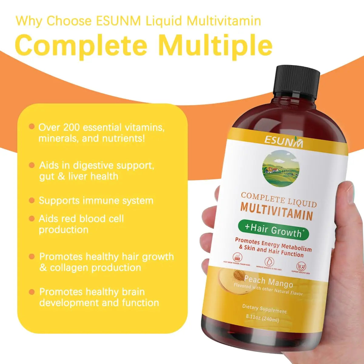 ESUNM Complete Liquid Multivitamin + Hair Growth, Promotes Energy Metabolism& Skin and Hair Function| Vitamin C D | B Vitamins | ESUNMAu supplements