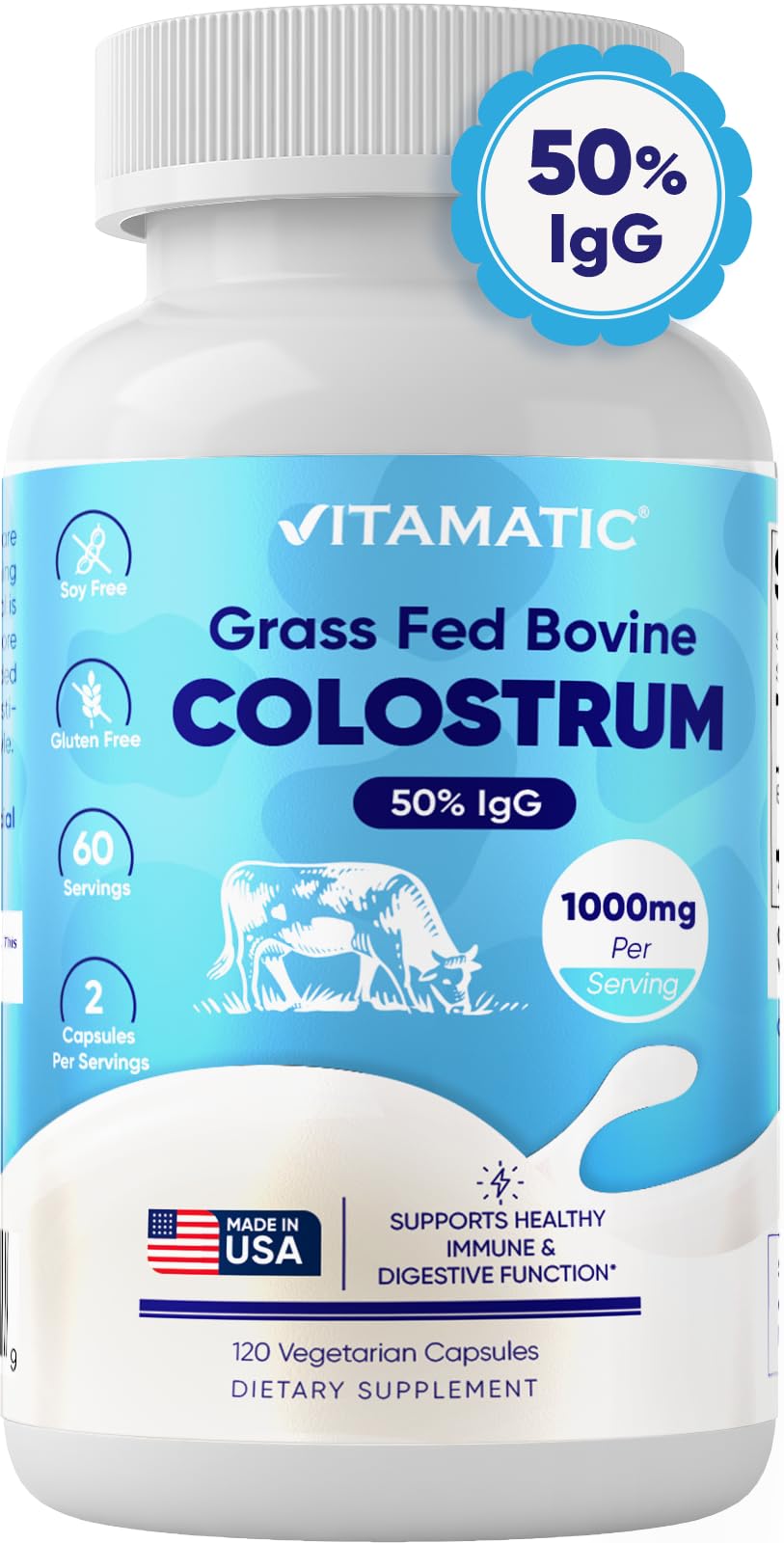 Vitamatic Bovine Colostrum Supplement 1000 mg per Serving - 50% Highest IgG - Supplement for Gut Health, Hair Growth, Beauty, Muscle Recovery, & Immune Support - 120 Capsules VitamaticAu supplements