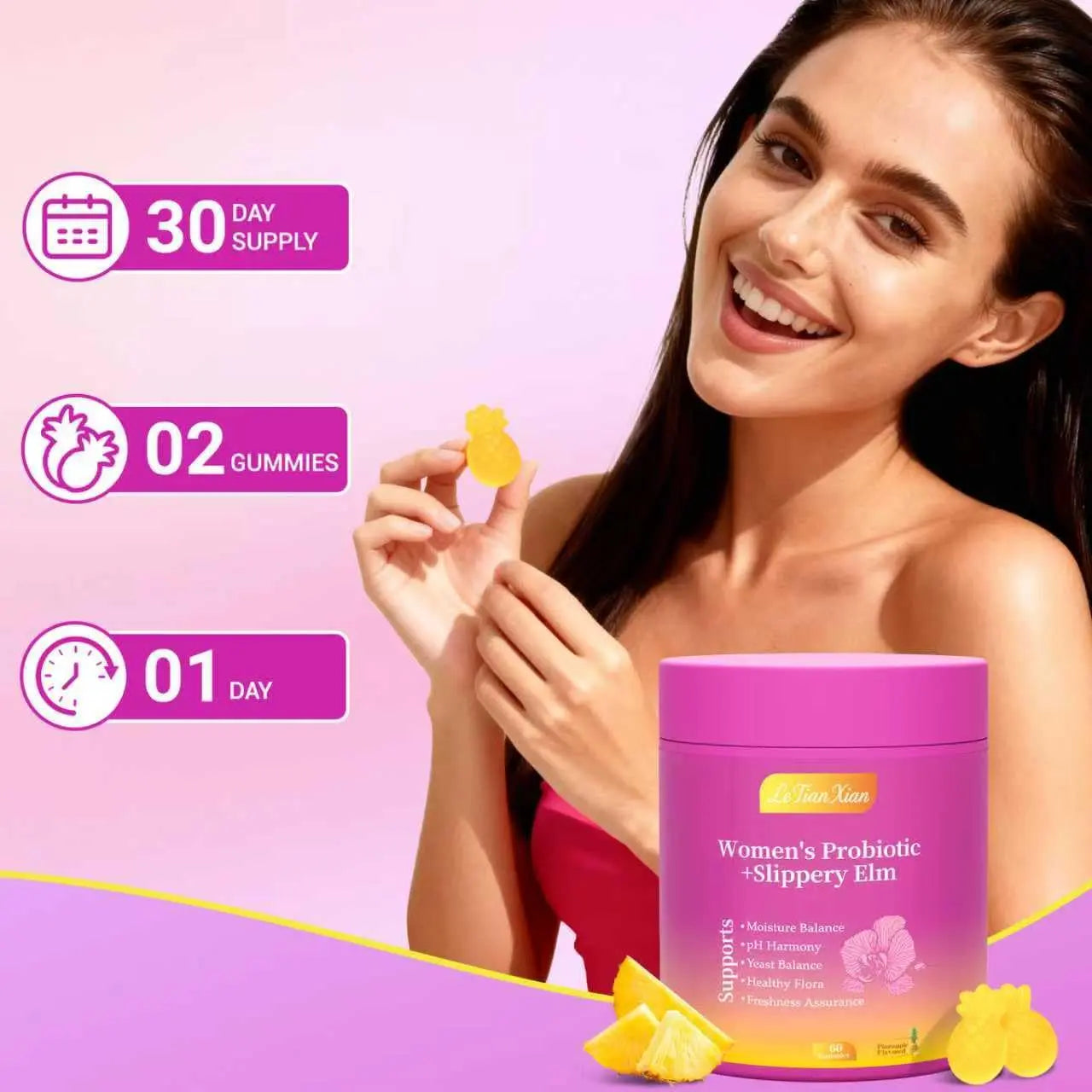 Le Tian Xian Her Juicy Feminine Probiotics Gummies for Women with Slippery Elm, Prebiotics & Lactobacillus - for pH Balance & Digestive Health, Tropical Pineapple Flavor, 60 Count Le Tian Xiannz supplements