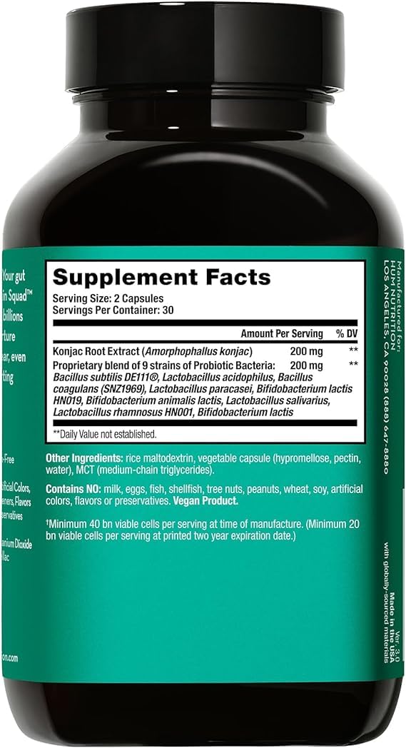 HUM Skin Squad Probiotics for Women and Men, Skin Care Supplement for Clear Complexion & Gut Health Support, Microbiome Prebiotic & Probiotic Supplement for Breakouts, Digestive Health, 60 Capsules HUMUS supplements