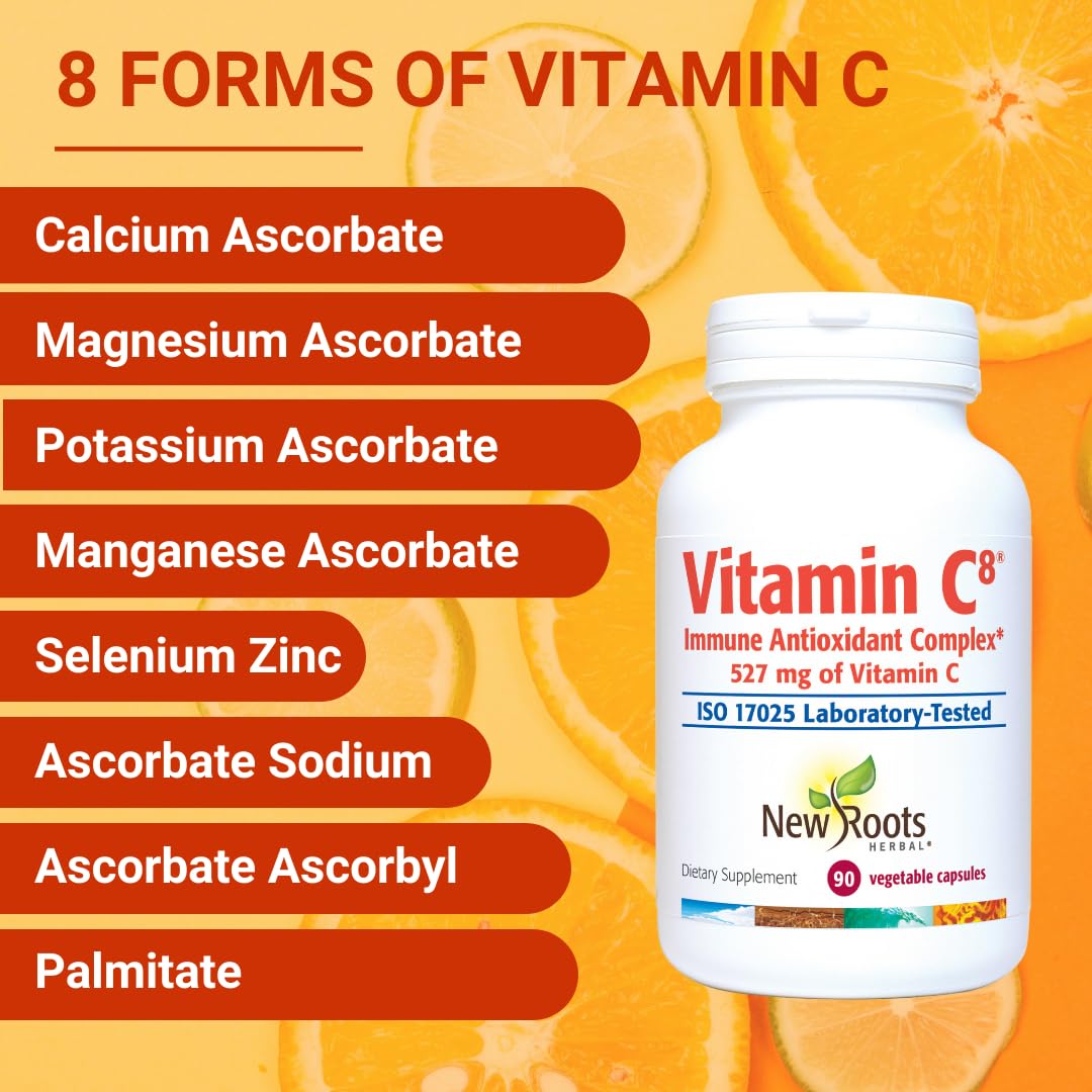 Vitamin C8 + Zinc Supplement for Higest Absorption (90 Capsules) | 527mg per Portion | 8 Buffered Sources of Vitamin C with Bioflavonoids, Green Tea & Quercetin for Stronger Defense | 3 months Supply NEW ROOTS HERBALAu supplements
