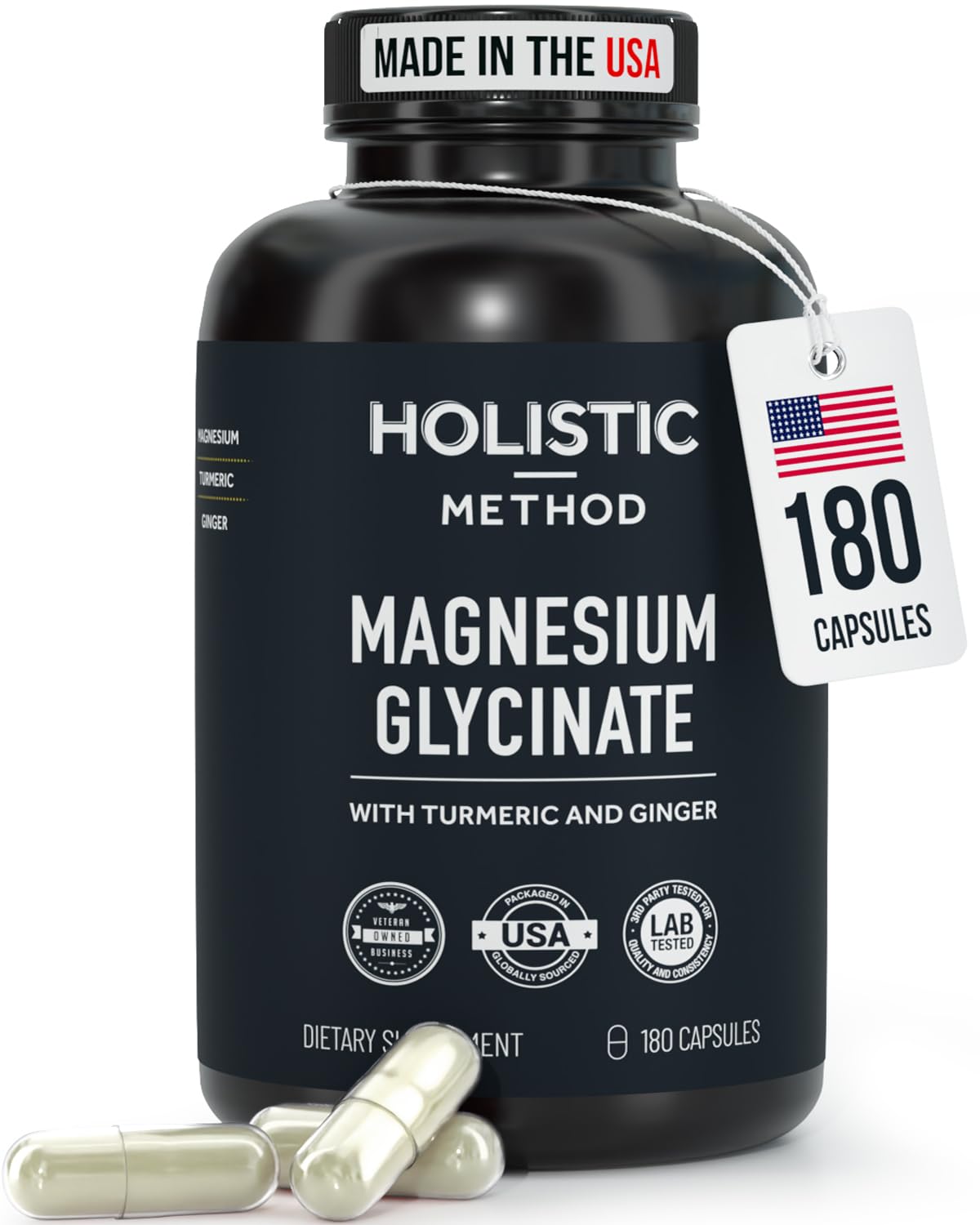 Magnesium Glycinate Capsules with Organic Turmeric and Ginger - 180 Vegan Capsules for Sleep, Relaxation, Muscle Cramps and Immune Support Holistic MethodAu supplements