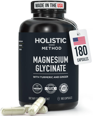 Magnesium Glycinate Capsules with Organic Turmeric and Ginger - 180 Vegan Capsules for Sleep, Relaxation, Muscle Cramps and Immune Support Holistic MethodAu supplements