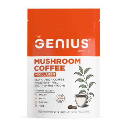 The Genius Brand Organic Mushroom Coffee + Collagen - Daily Energy Support - Healthy Immune Function - Arabica Coffee with Cordyceps, Reishi & Lion's Mane Mushroom Blend - 10.6 oz (30 Servings) The Genius BrandUS supplements
