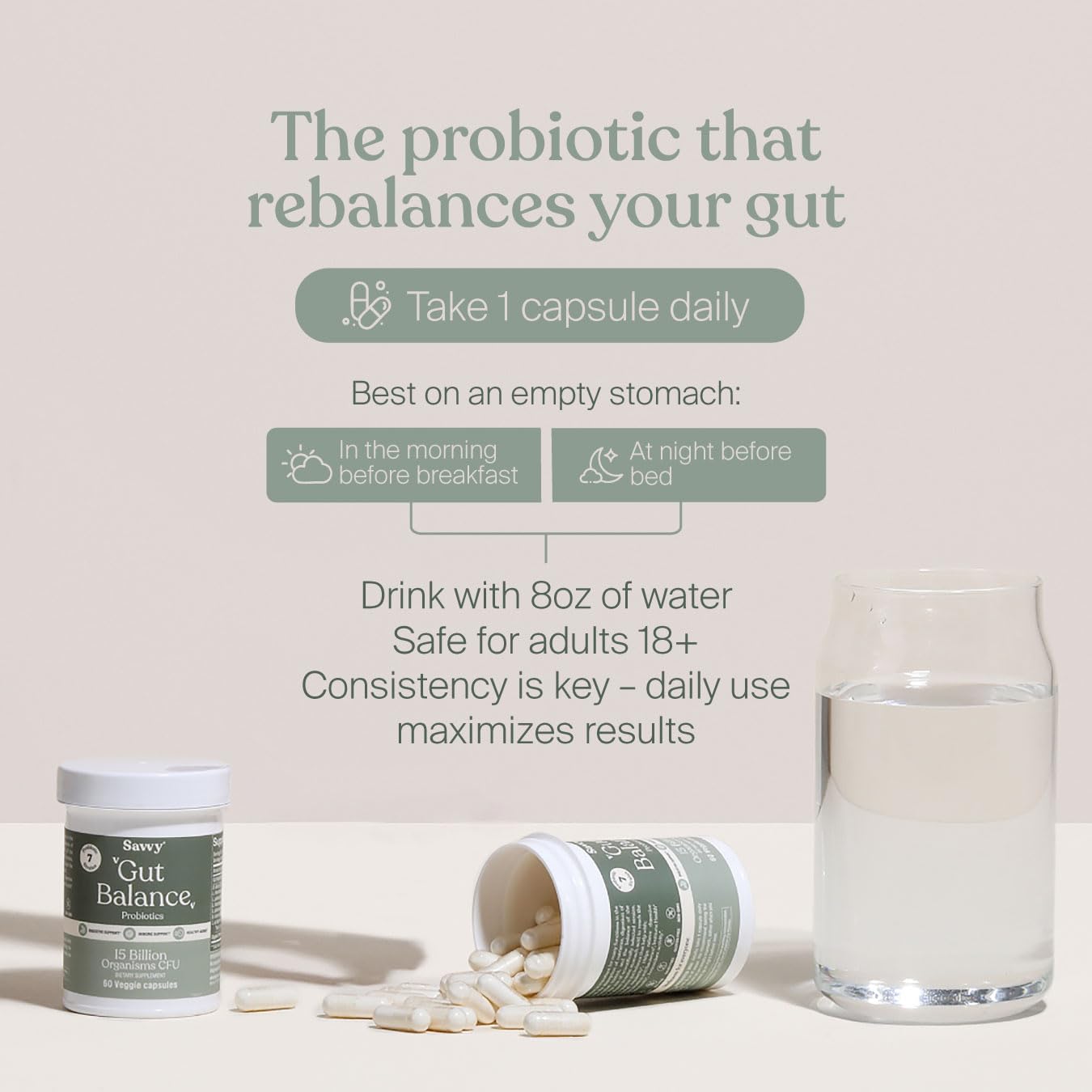 SAVVY Gut Balance Probiotics for Women & Men, 15 Billion CFU, 7 Clinically Studied Strains, Digestive Health, Immune Support, Bloating Relief, 60 Vegan Capsules, Non GMO, Sugar-Free SAVVYAu supplements