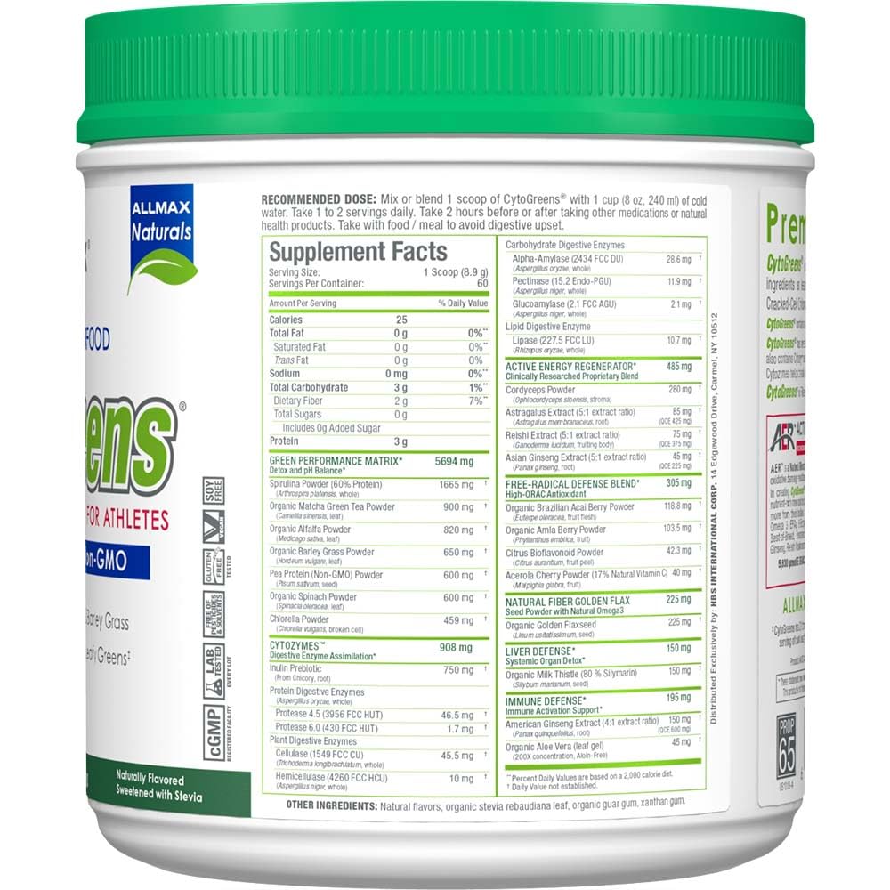 ALLMAX Naturals CytoGreens Super Greens Powder, Premium Green Superfood with Greens, Superfoods, Daily Greens Supplement, Acai Berry Green Tea, 60 Servings ALLMAXAu supplements