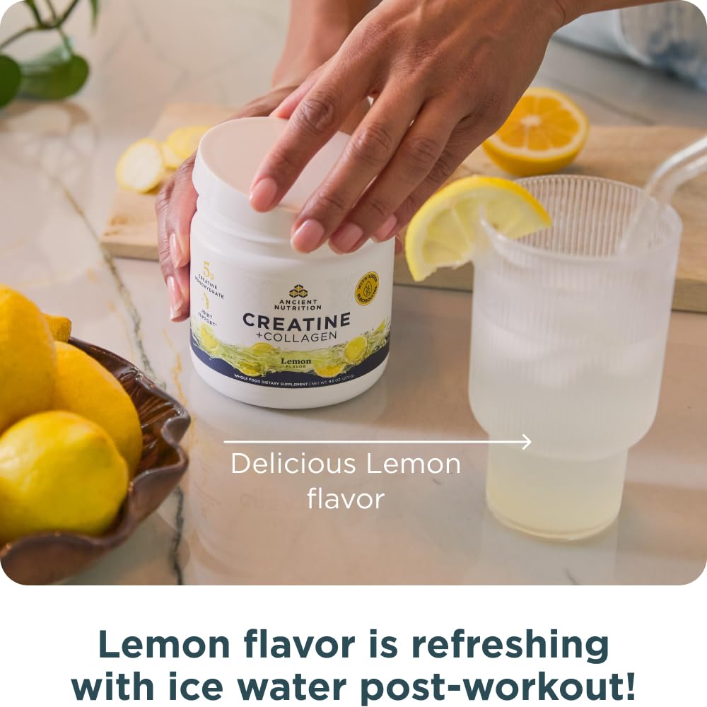 Ancient Nutrition Creatine + Collagen – Muscle Strength, Lean Body Mass, Joint Comfort & Cognitive Support – Includes 5g Creatine Monohydrate for Women + Electrolytes, Lemon, 30 Servings Ancient NutritionAu supplements