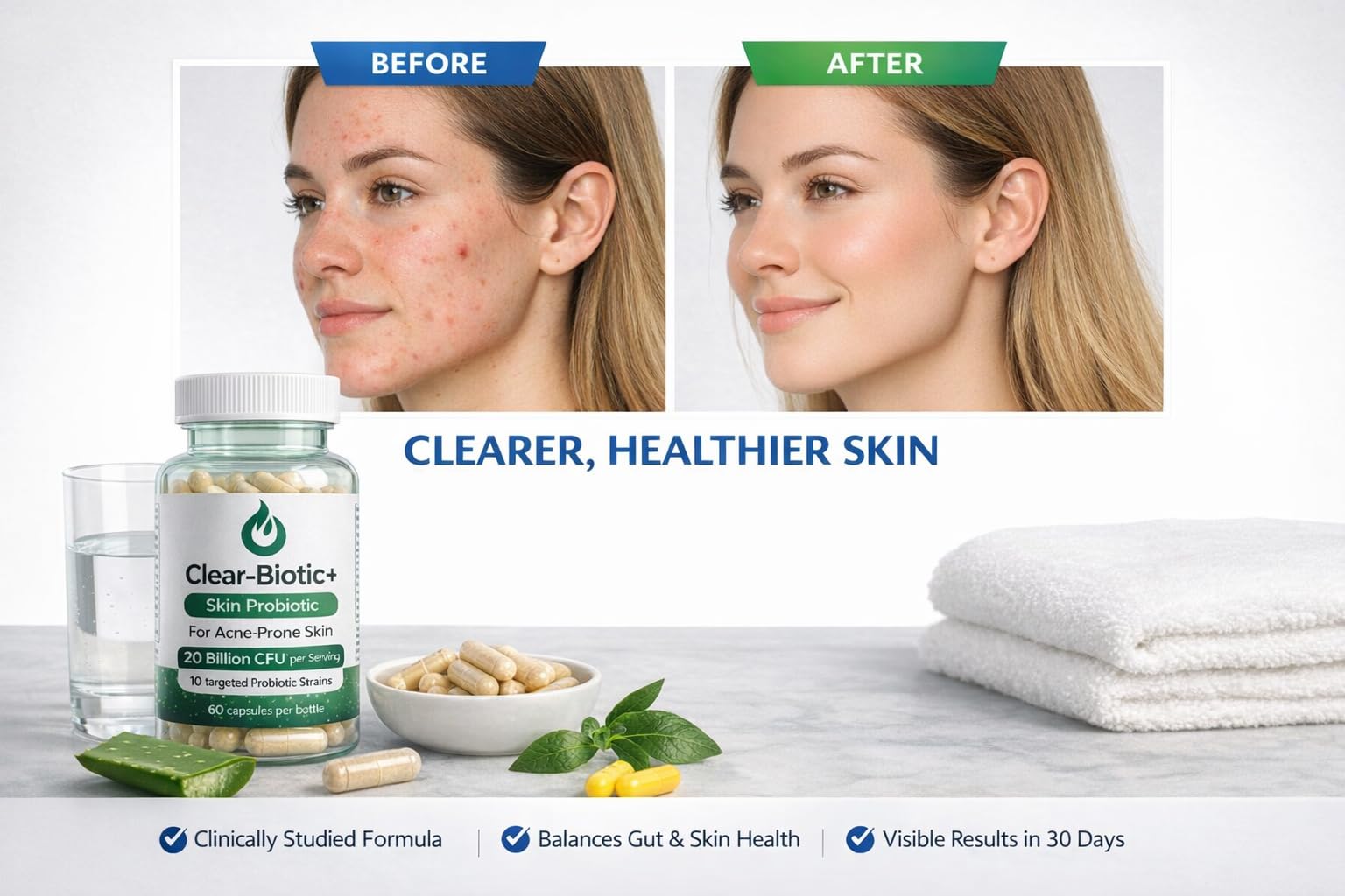 Acne Pills Probiotic Acne Supplements for Teens & Adults - Hormonal Acne Vitamins, Gut Health for Clear Skin, Non-GMO (60 Capsules) Gut Skin Axis Clear-BioticAu supplements