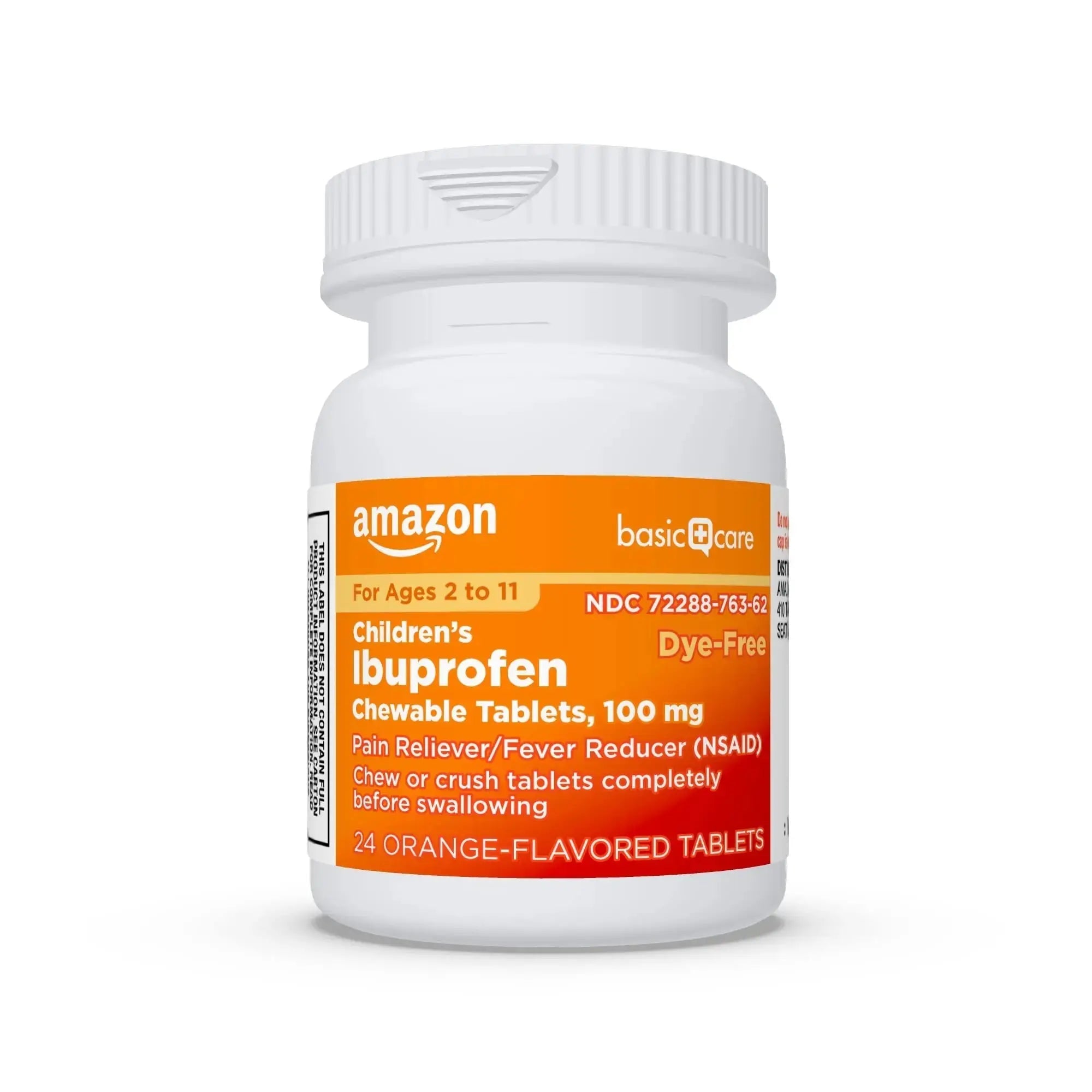 Amazon Basic Care Children's Ibuprofen Chewable Tablets 100 mg, Orange Flavor, Dye Free, Pain Reliever and Fever Reducer (NSAID), For Ages 2-11, 24 Count Amazon Basic CareAu supplements