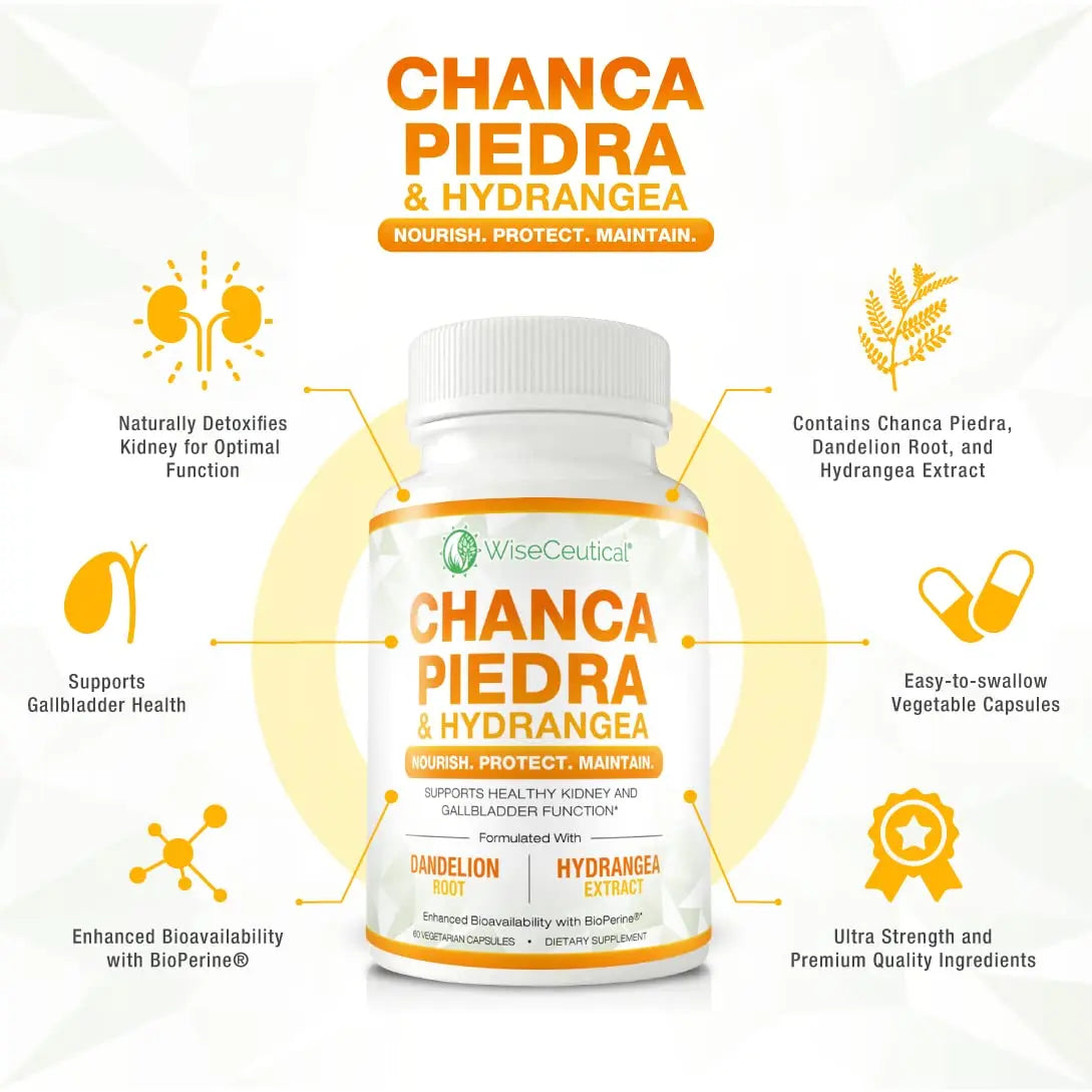 Max Strength Chanca Piedra, Hydrangea & Dandelion Root - Natural Kidney & Gallbladder Formula - Stone Breaker, Flush Impurities, Cleanse Urinary Tract - Enhanced with BioPerine. 60 Veggie Capsules. WiseceuticalAu supplements