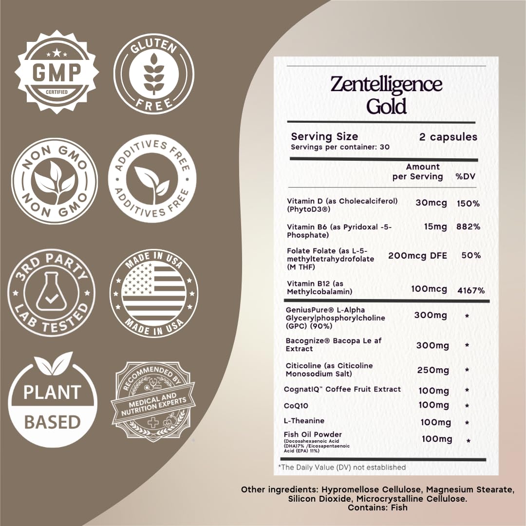 Zen Principle Zentelligence™ Gold Brain Supplement – Memory, Focus & Mental Clarity. Premium Cognitive Support for Adults 40+ with Magnesium, Vitamin D3, CoQ10, Vitamin B12 & L-Theanine. 60 Capsules Zen PrincipleAu supplements