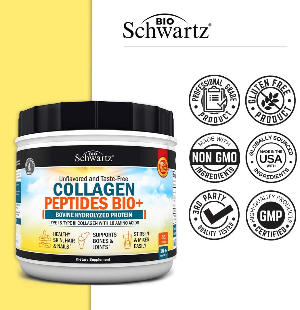 Collagen Peptides Powder - Grass Fed, Pasture Raised with Aminos - Promotes Healthy BioSchwartzUS supplements