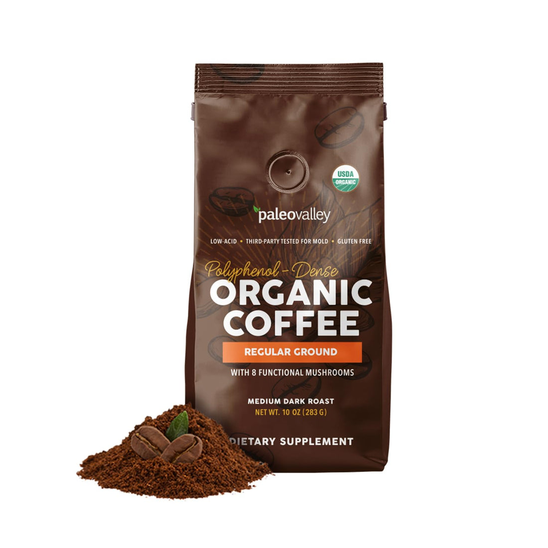 Paleovalley Organic Ground Coffee, 10oz - Regular, Low Acid, Single-Origin, Polyphenol-Rich, Infused with Mushrooms PaleovalleyUS supplements