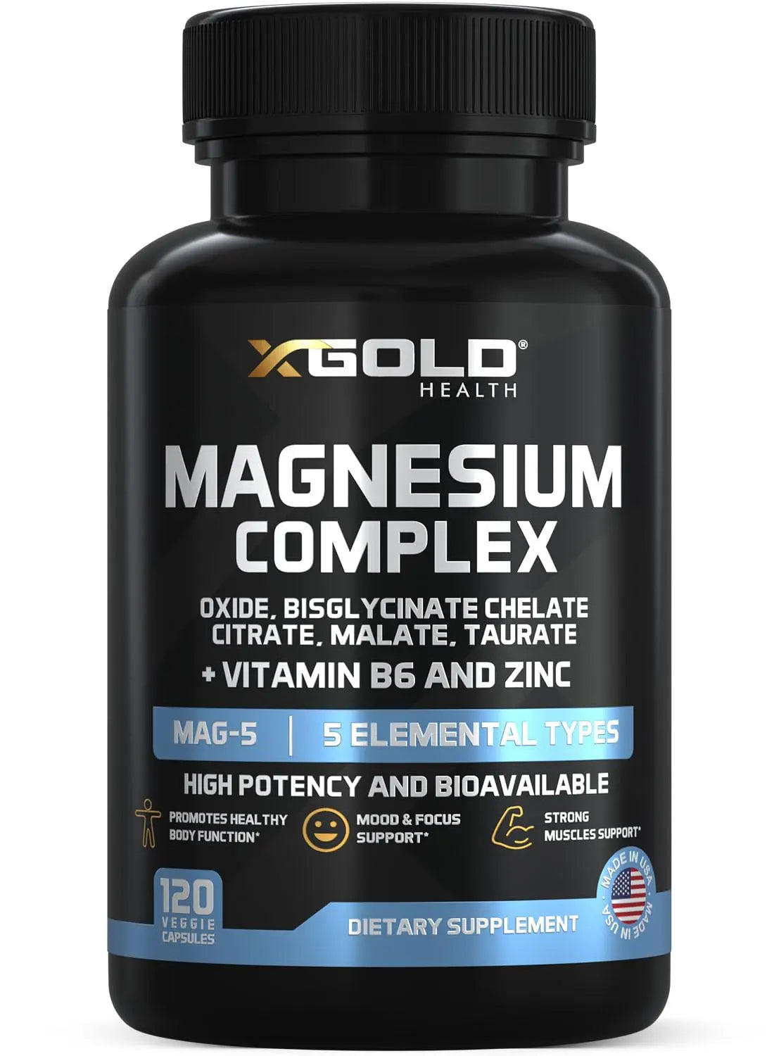 X Gold Health Magnesium Complex 5-in-1 with Zinc & B6 High Absorption Capsules (Glycinate, Citrate, Malate, Taurate, Oxide) Muscle Recovery, Energy, Sleep Support & Immune Health 500mg Made in USA X Gold HealthAu supplements