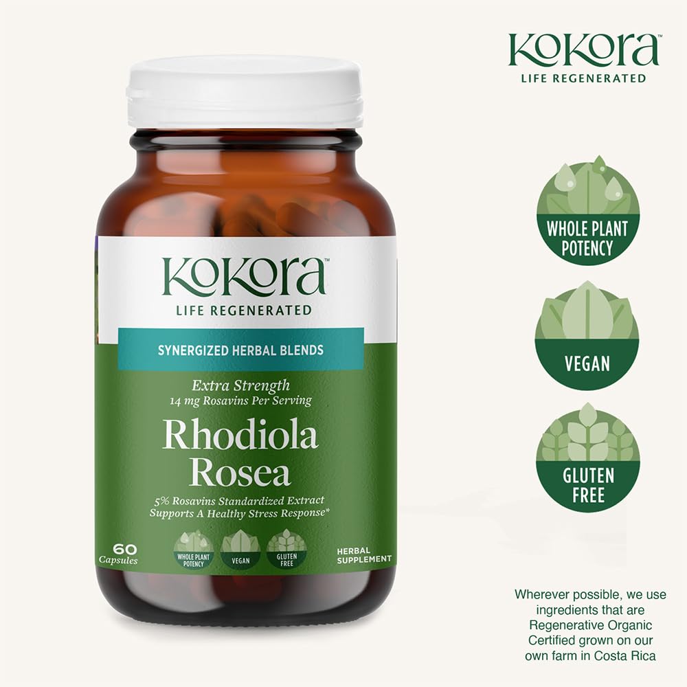 kokora Extra Strength Rhodiola Rosea – Stress Relief, Endurance & Promotes Mental & Physical Performance* - with Siberian Rhodiola, Rosavins, Organic Holy Basil - Vegan, Non-GMO - 60 Capsules kokoraAu supplements