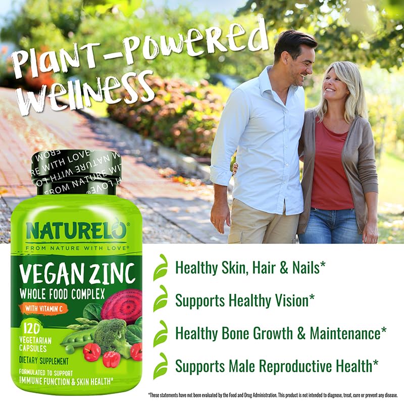 NATURELO Vegan Zinc Immune Support Capsules - Whole Food Complex with Vitamin C for Healthy Skin, Hair, and Nails - 120 Capsules NATURELOAu supplements