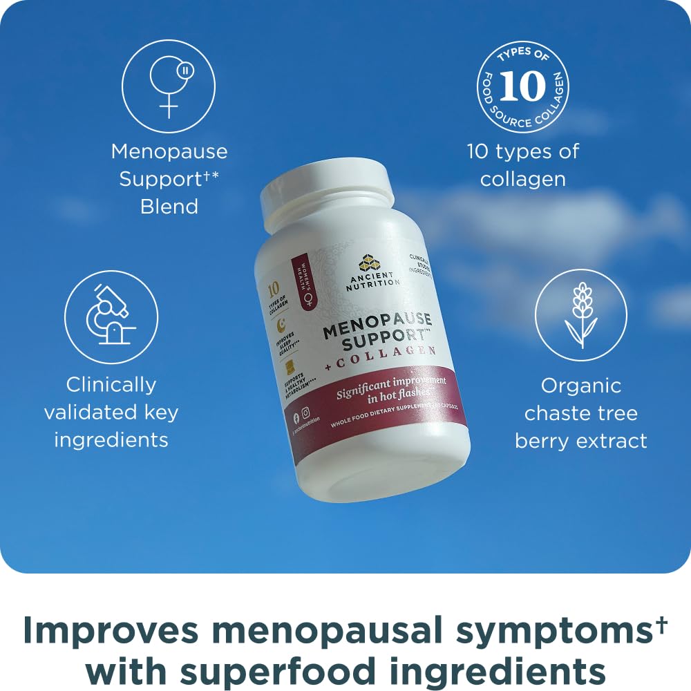 Ancient Nutrition Menopause Support + Collagen Supplement, Hydrolyzed Collagen Peptides, Key Clinically Validated Superfoods, Significant Improvement in Hot Flashes and Sleep Quality, 60 Capsules Ancient NutritionAu supplements