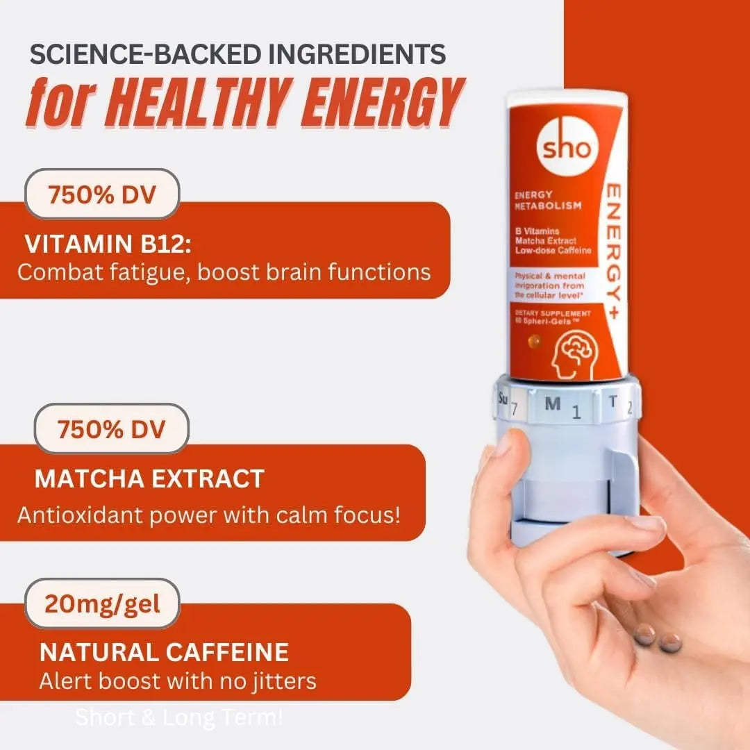 SHO Vegan Energy+ Focus Supplement Kit- Matcha Green Tea Extract, Methylated B Complex, Vitamin B and Caffeine Natural Energy Booster Without Crash, Jitters for Men and Women - 60 Pills Refill Bottle SHOnz supplements