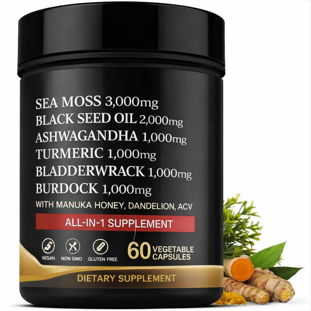 AZ ApexZone True Sea Moss Capsules Black Seed Oil Ashwagandha Burdock Root, Tumeric Supplement with Manuka Honey, Dandelion Root ACV - 60 Capsules - Multi Vitamin AZ ApexZoneAu supplements