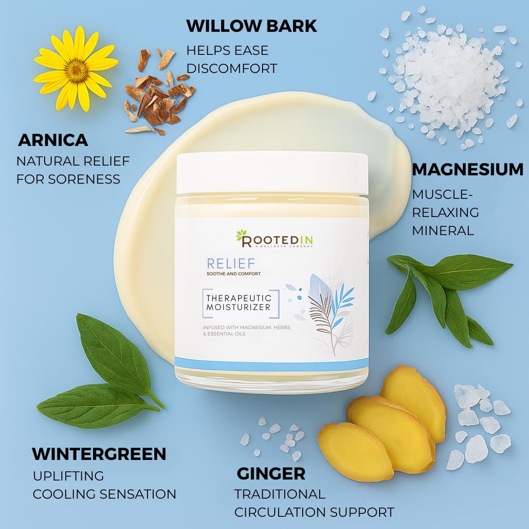 Rooted In Relief Magnesium Cream – 500mg Magnesium Chloride per Teaspoon – Enriched with Arnica, Comfrey & Botanical Blend – Targeted Muscle Support & Topical Relaxation – 4 oz Glass Jar Rooted InAu supplements