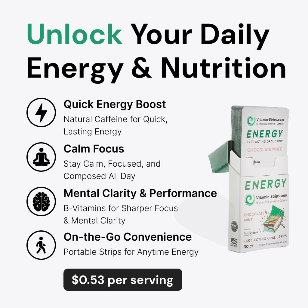 Peak Performance Energy Strips — Vegan, Gluten Free, Soy Free & Sugar-Free Breath Strips w/Caffeine, 18 Vitamins & Minerals — Instant Energy Boost Chocolate Mint Dietary Supplement — 30 Oral Strips Vitamin-StripsAu supplements