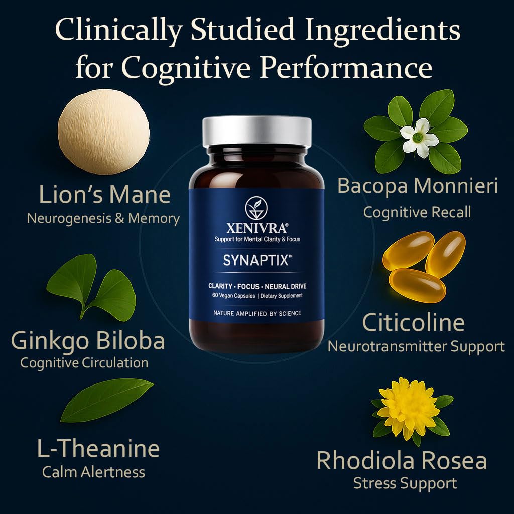 Xenivra Synaptix™ Natural Nootropic Brain Supplement | Herbal Memory & Focus Pills with Citicoline, L-Theanine, Lion’s Mane, Bacopa & Rhodiola | Mental Clarity & Brain Fog Support | 60 Vegan Capsules XENIVRA NATURE, AMPLIFIED BY SCIENCEAu supplements
