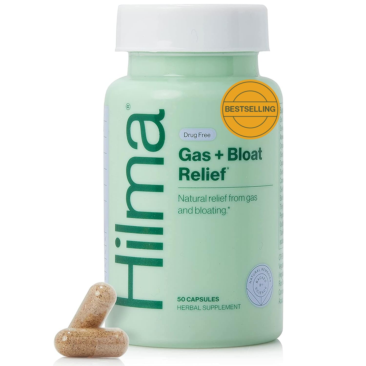Hilma Natural Gas and Bloating Relief for Women, Doctor Formulated with Organic Ingredients, Lemon Balm, Fennel and Peppermint Leaf, 50 Vegan Capsules HilmaAu supplements