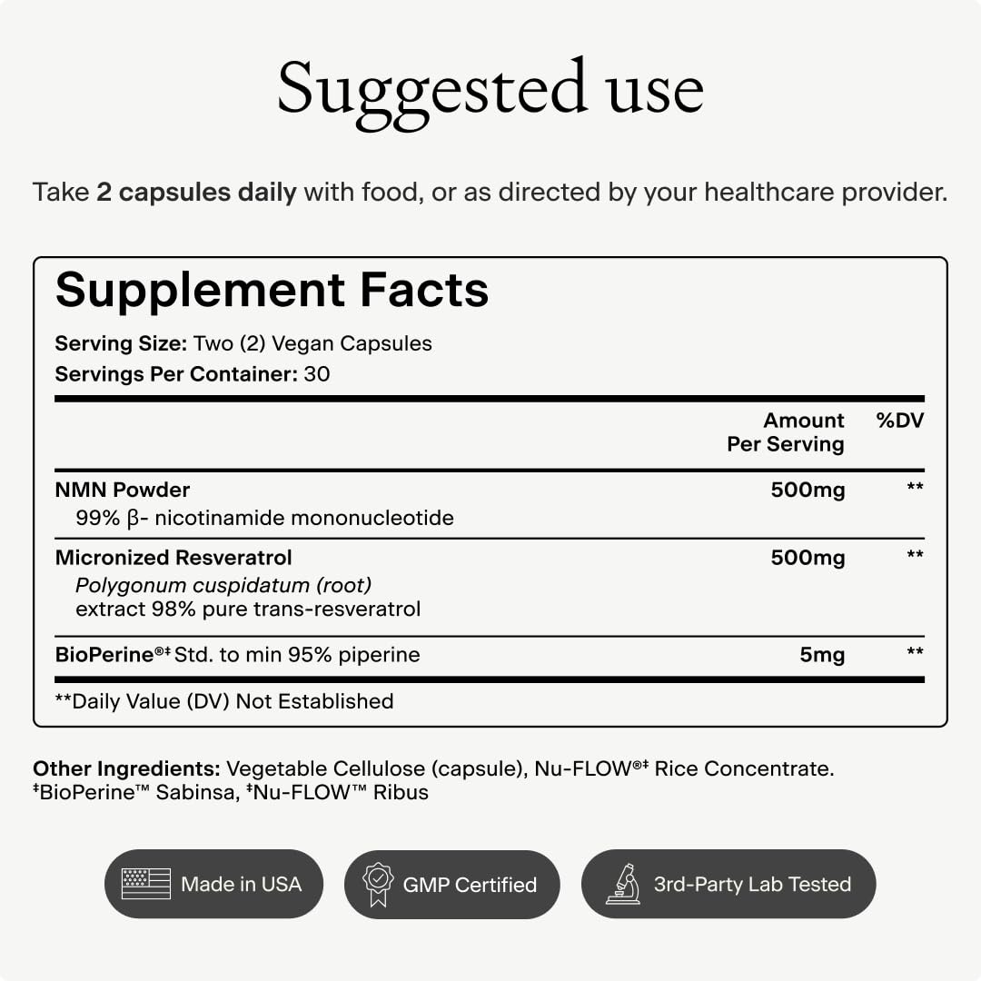 OMRE NMN + Resveratrol Supplement 99% Purity for Cellular Energy, NAD+ Boost | Highly Bioavailable Nicotinamide Mononucleotide Supplement Resveratrol 500mg & NMN 500mg, Made in USA, 60 Capsules OMREAu supplements