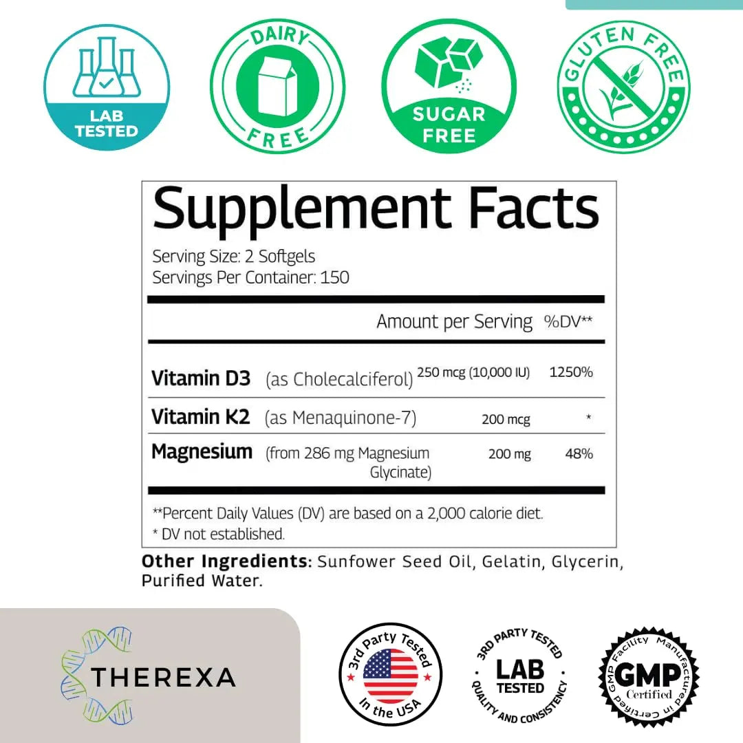 THEREXA Vitamin D3 K2 Magnesium Supplement - Extra Strength with 10000 IU Vitamin D3, Magnesium Glycinate and 200 mcg K2 MK-7 Vitamin Supplements Complex, for Women & Men - 300 Softgels THEREXAnz supplements