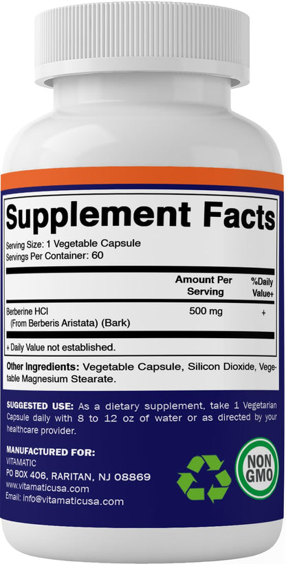 Vitamatic Berberine Supplement 500mg - 60 Vegetable Capsules - Made in The USA VitamaticUS supplements
