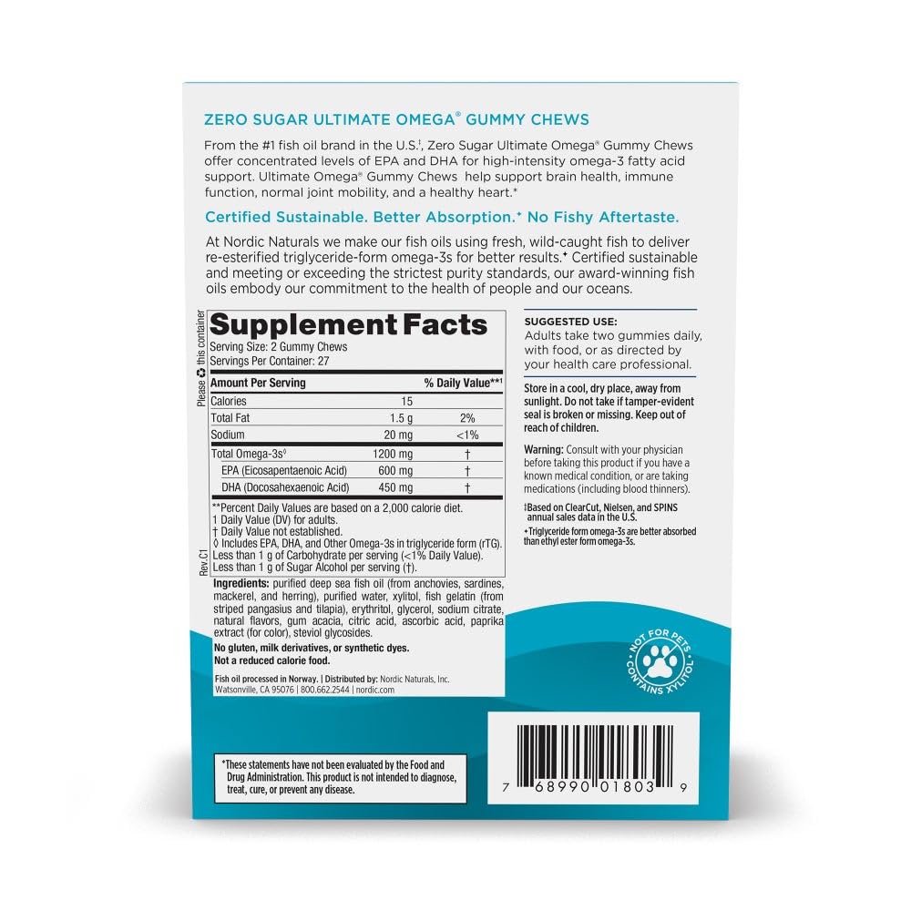 Nordic Naturals Zero Sugar Ultimate Omega Gummy Chews - Tropical Fruit - 54 Gummy Chews - Non GMO - Optimal Wellness - 27 Servings Nordic NaturalsAu supplements