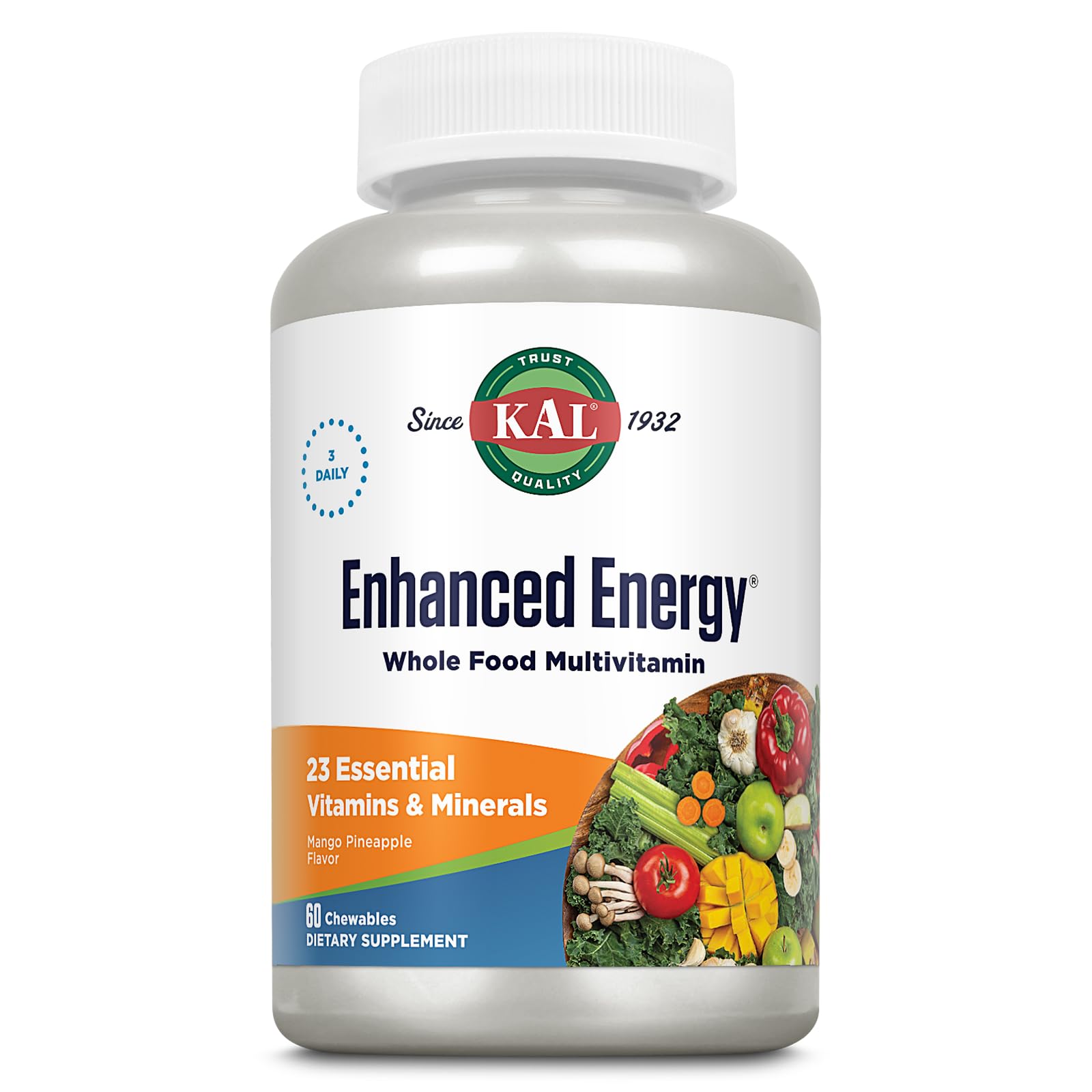 KAL Enhanced Energy Supplements, Whole Food Chewable Multivitamin with Iron, 3 Daily, 23 Essential Vitamins and Minerals, Super Foods, Enzymes, Mango Pineapple Flavor, 60-Day Guarantee, 20 Serv, 60ct KALAu supplements