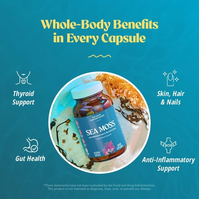 Akasha Superfoods Sea Moss Capsules, Organic Irish Moss with Bladderwrack Root, Burdock Root, and BioPerine, Skin, Thyroid, Digestion & Immunity Support for Women & Men, Gluten Free, Vegan, 60 Count Akasha SuperfoodsAu supplements