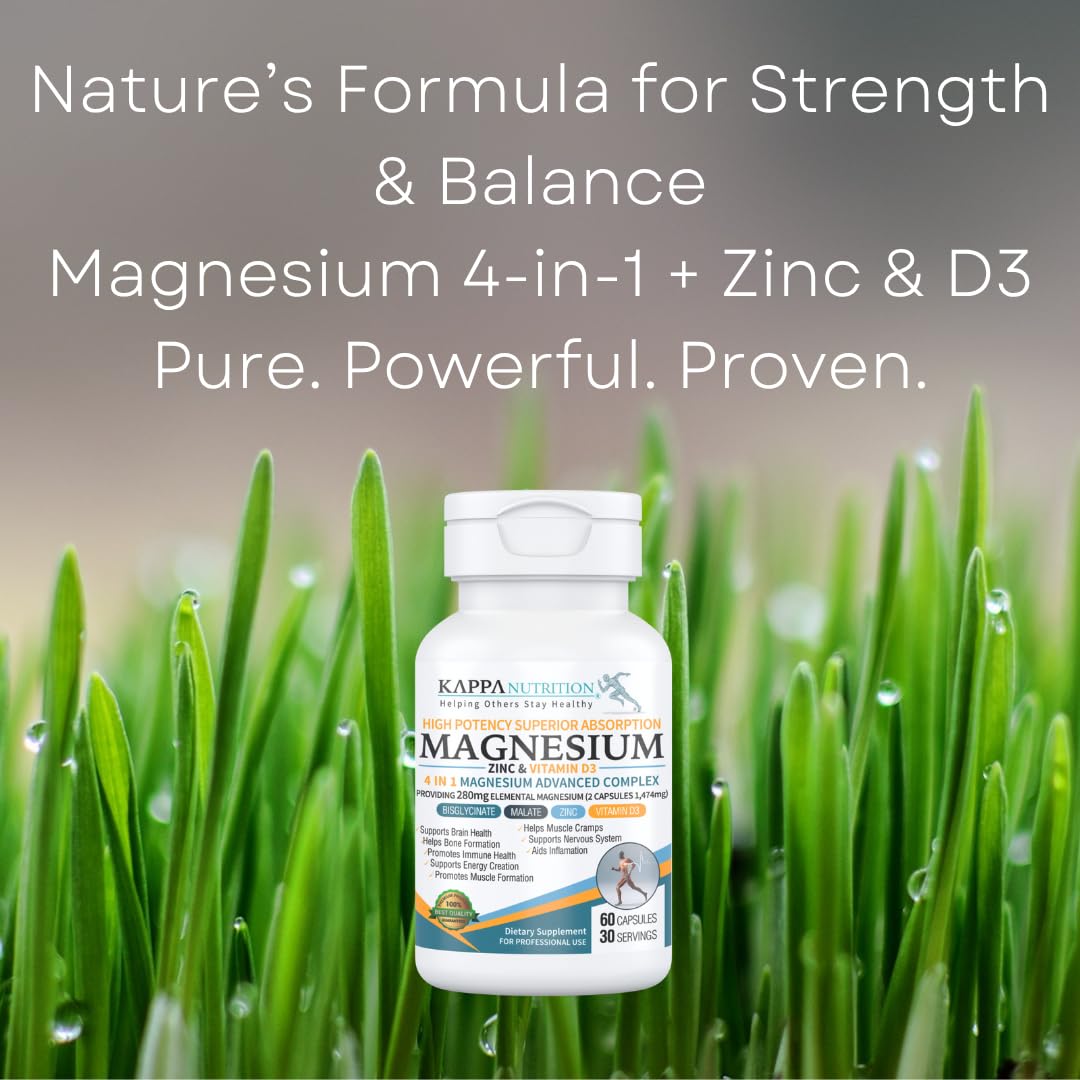 Kappa Nutrition Magnesium 4-in-1, 280mg Elemental Magnesium (Bisglycinate, Malate) + Zinc & Vitamin D3, Brain, Sleep, Energy, Muscle, Immune Support, 60 Vegan Capsules. KAPPA NUTRITIONAu supplements