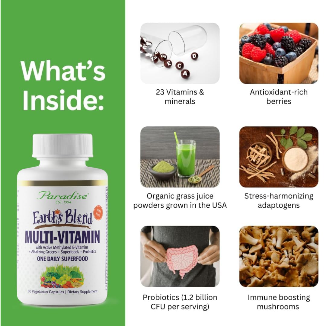 Paradise Herbs Earth's Blend Once Daily Multivitamin with Iron, 48 Organic Superfoods, Probiotics, Antioxidants, Vitamins A, B12, C, D, K2, 60 Capsules Paradise HerbsAu supplements