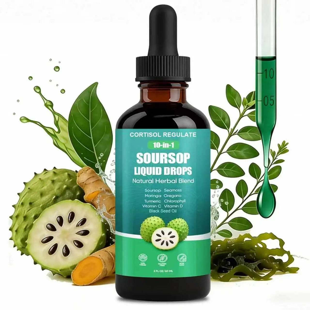 CORTISOL REGULATE Soursop Liquid Drops, 10-in-1 Blend with Sea Moss, Moringa, Turmeric, Black Seed Oil, Oregano, and More, 2 fl oz (1 Pack) CORTISOL REGULATEAu supplements